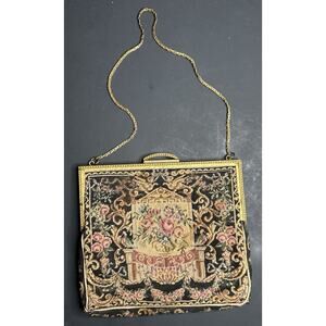 Victorian Style Tapestry Frame Purse Floral Design Black Gold Pink Green - as is